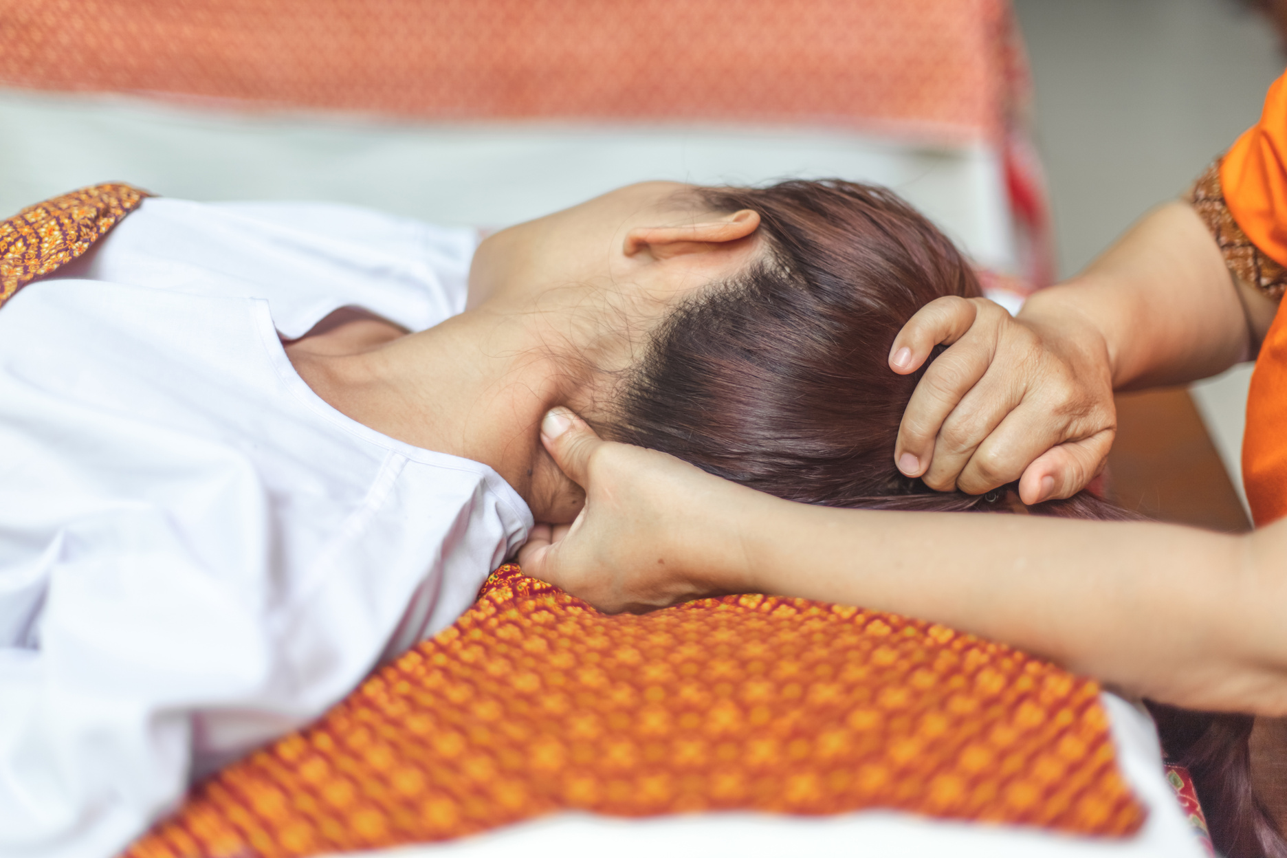 Healing shiatsu massage. Acupressure points to relieve neck tension. reflexology